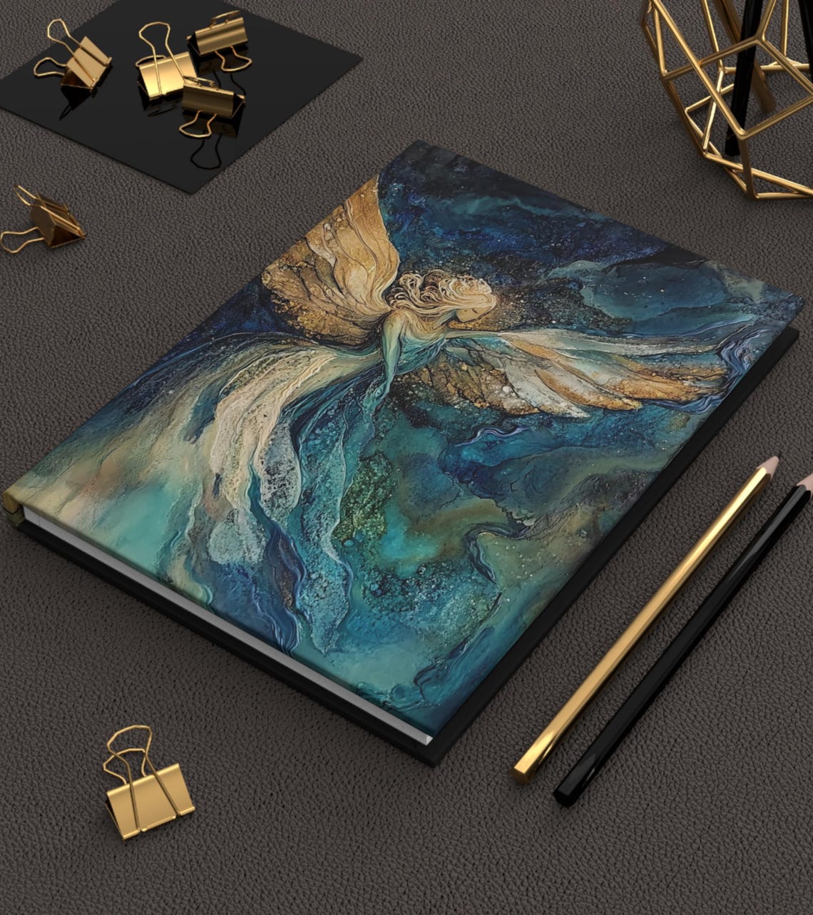 Golden Winged Angel Soaring Over Teal Ocean Waves Journal Art Print - Image 3