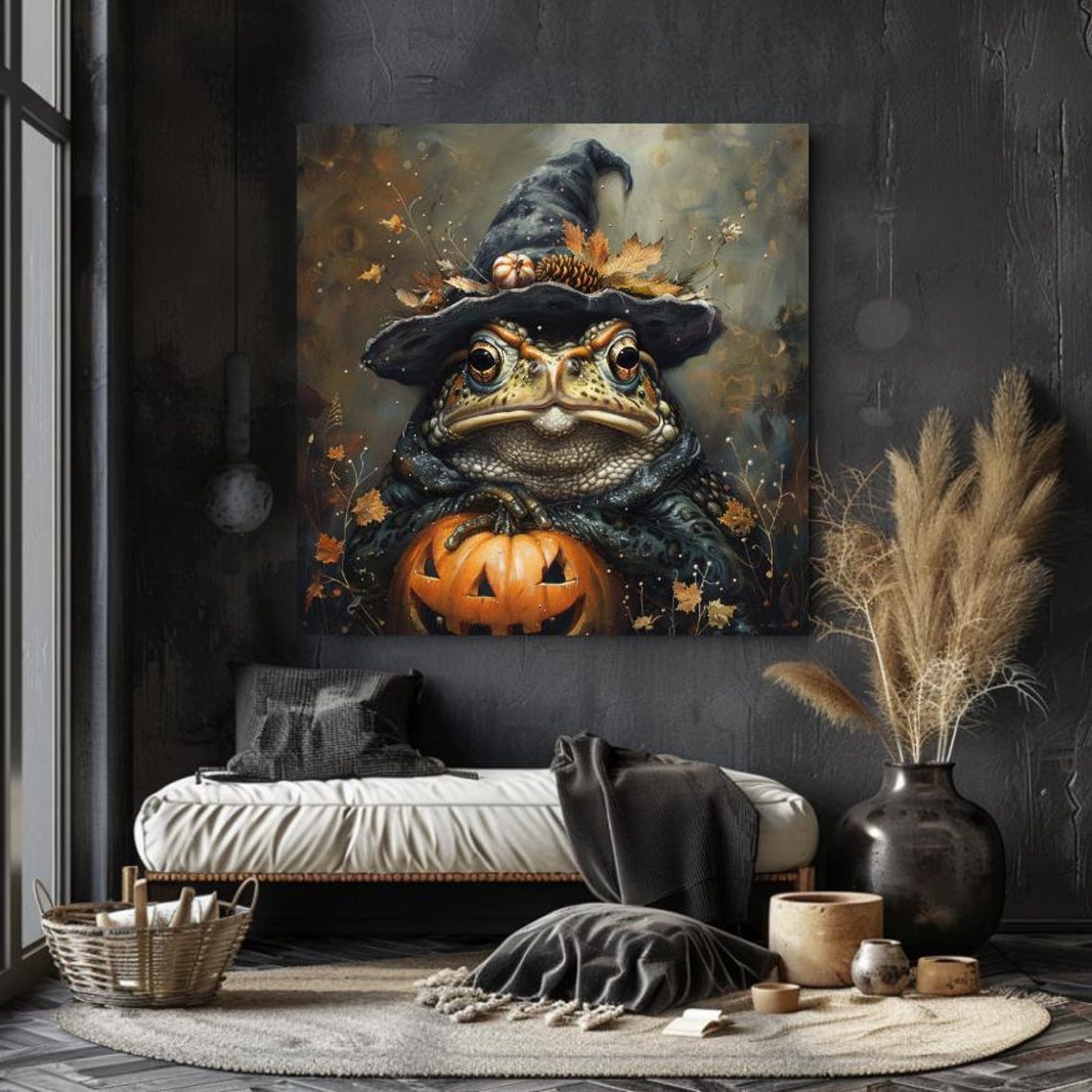 Cute Toad in Witch Hat Holding Pumpkin Halloween Animal Art Poster - Image 4