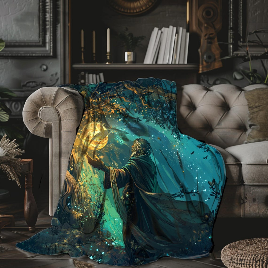 Mystical Wizard Holding Glowing Golden Orb Teal Blanket Fantasy Print - Image 4