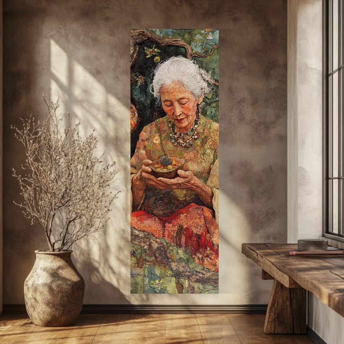 Elderly Woman Holding Bowl of Berries Tall Narrow Boho Art Print
