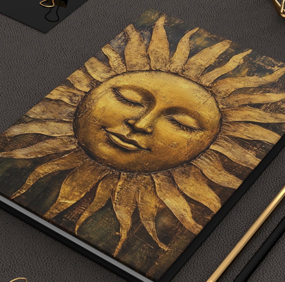 Golden Sun Face Vintage Relief Style Hardcover Journal Art Print - Image 2