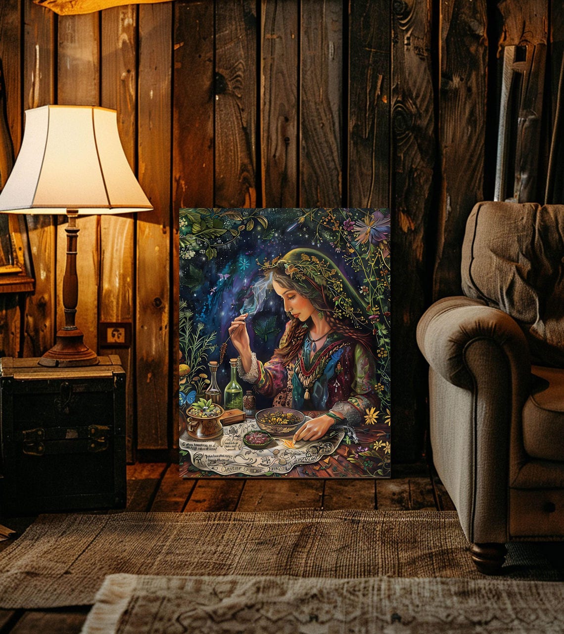 Witch Herbalist Mixing Herbs Under Starry Night Apothecary Art Poster - Image 3