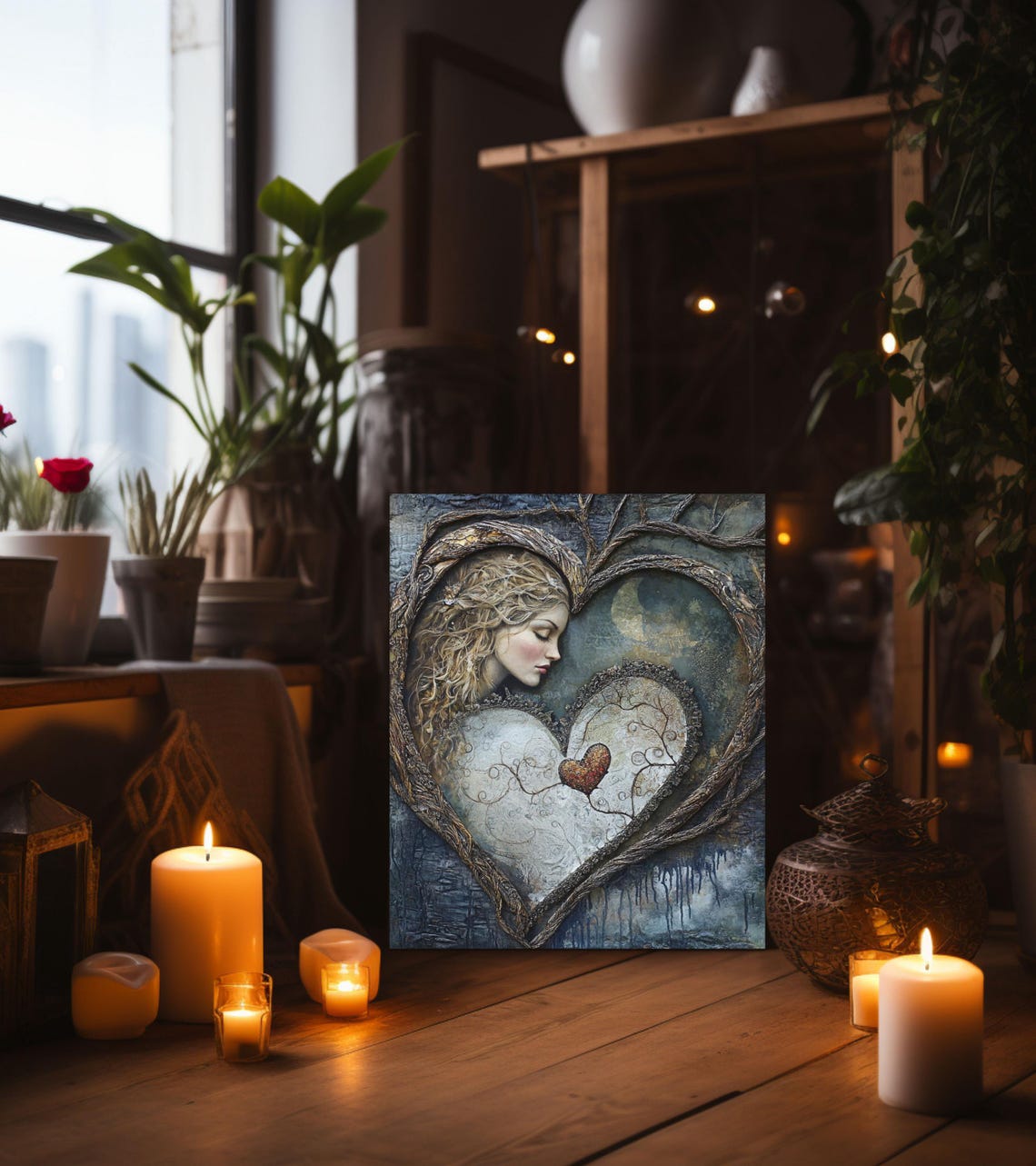 Heart Embraced by Woman Textured Moonlit Love Romantic Art Poster - Image 3