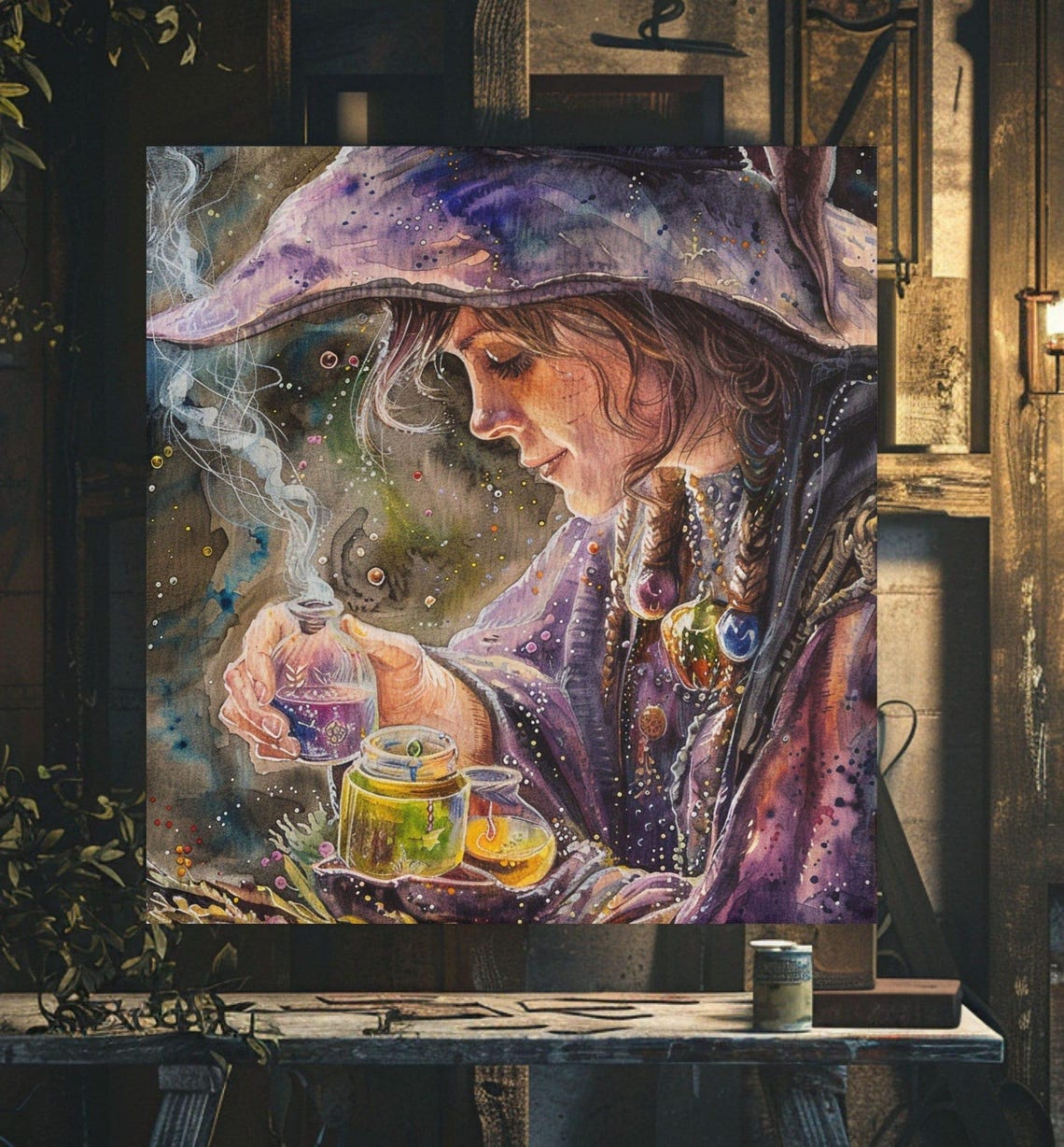 Watercolor Witch Herbalist Mixing Magic Potions Purple Robe Poster