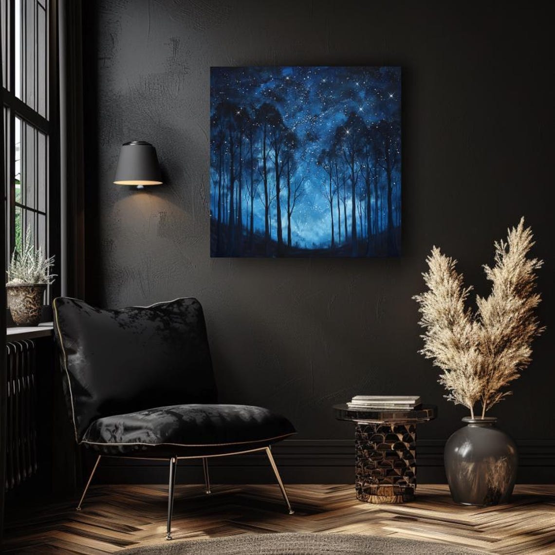 Deep Blue Starlit Forest Silhouette Enchanted Night Sky Art Poster - Image 3