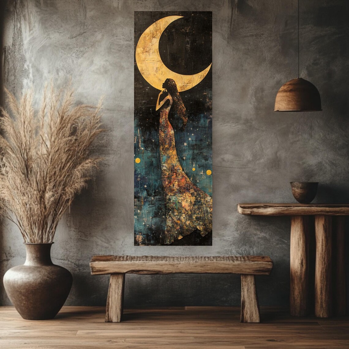 Moon Goddess Reaching Toward Golden Crescent Moon Narrow Vertical Poster - Image 2