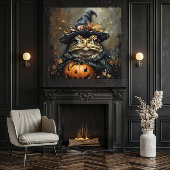 Cute Toad in Witch Hat Holding Pumpkin Halloween Animal Art Poster
