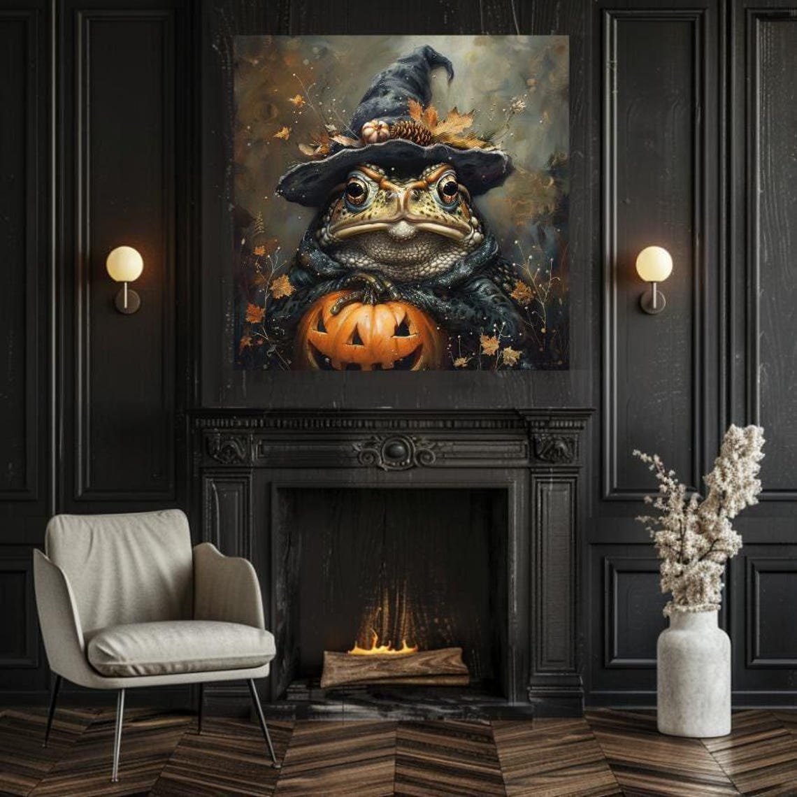 Cute Toad in Witch Hat Holding Pumpkin Halloween Animal Art Poster