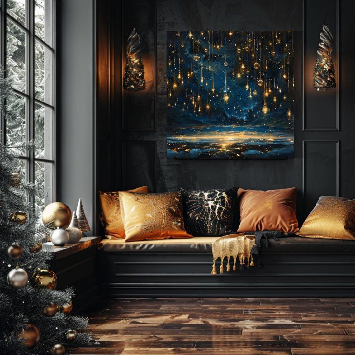 Celestial Night Sky with Falling Golden Stars Over Dark Ocean Poster - Image 2
