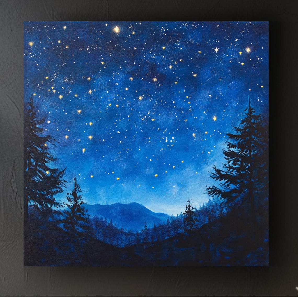 Starry Night Sky Over Dark Pine Forest Blue Watercolor Art Poster