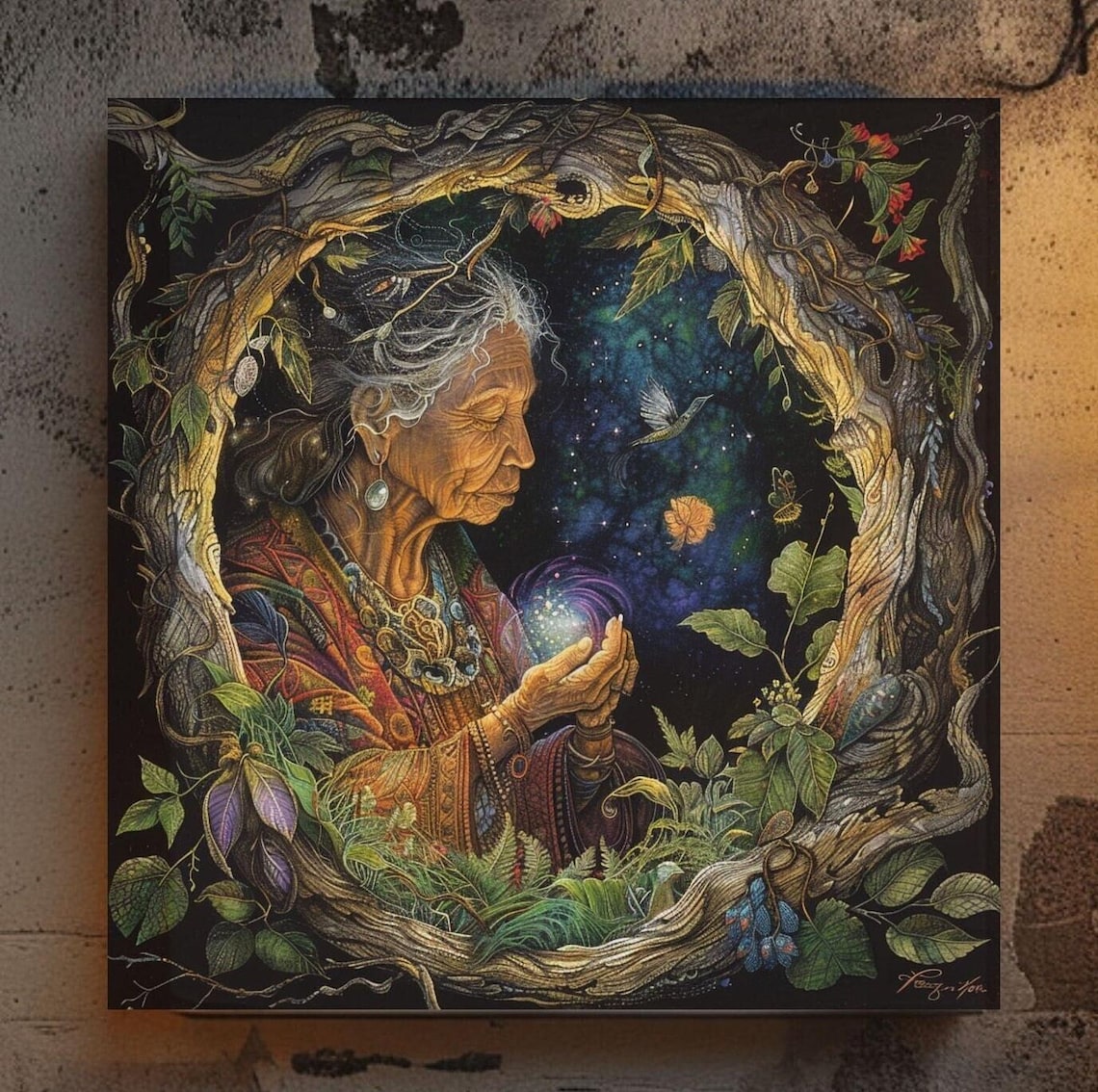 Mother Earth Elder Wise Woman Holding Cosmic Orb Nature Art Poster