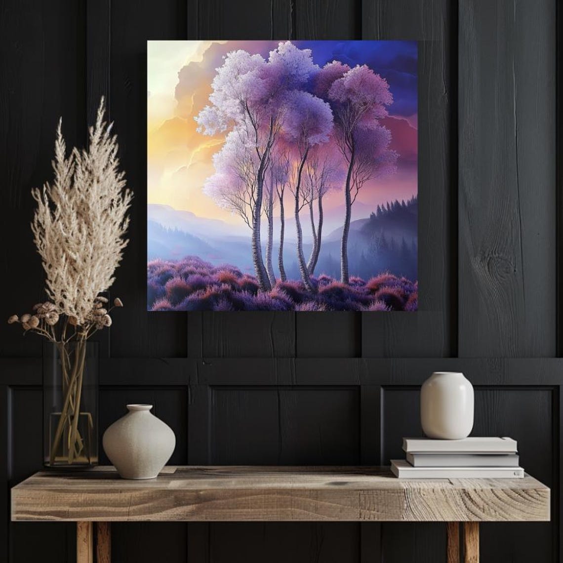 White Birch Trees At Sunrise Over Lavender Field Misty Poster - Image 3