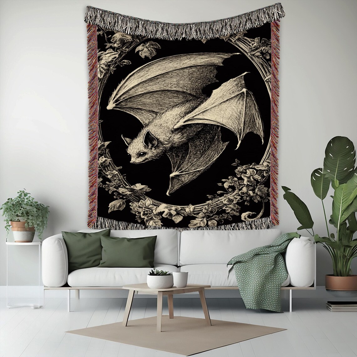 Vintage Bat in Floral Frame Woven Tapestry Throw Blanket Gothic Art Print