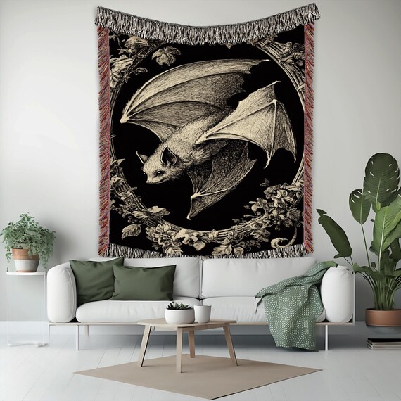 Vintage Bat in Floral Frame Woven Tapestry Throw Blanket Gothic Art Print