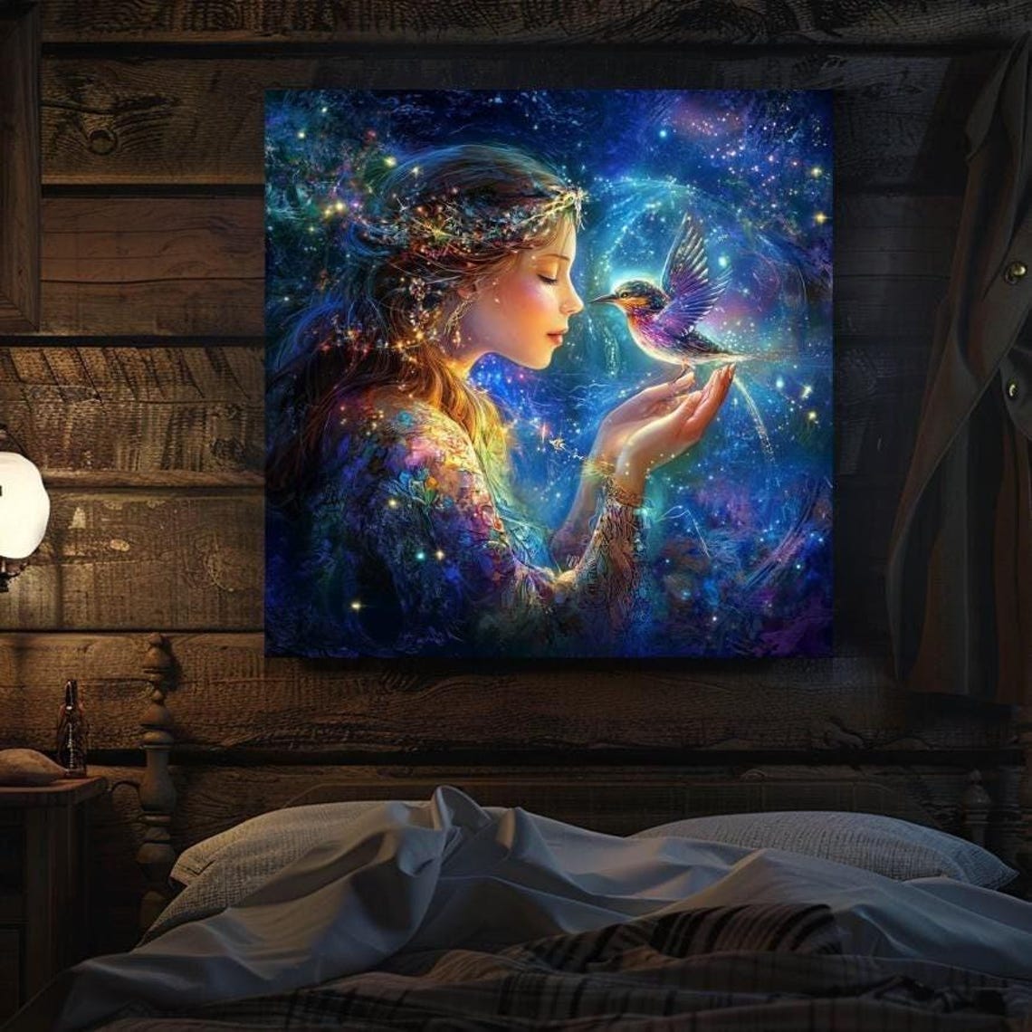 Woman Holding Glowing Bird In Cosmic Galaxy Night Sky Poster
