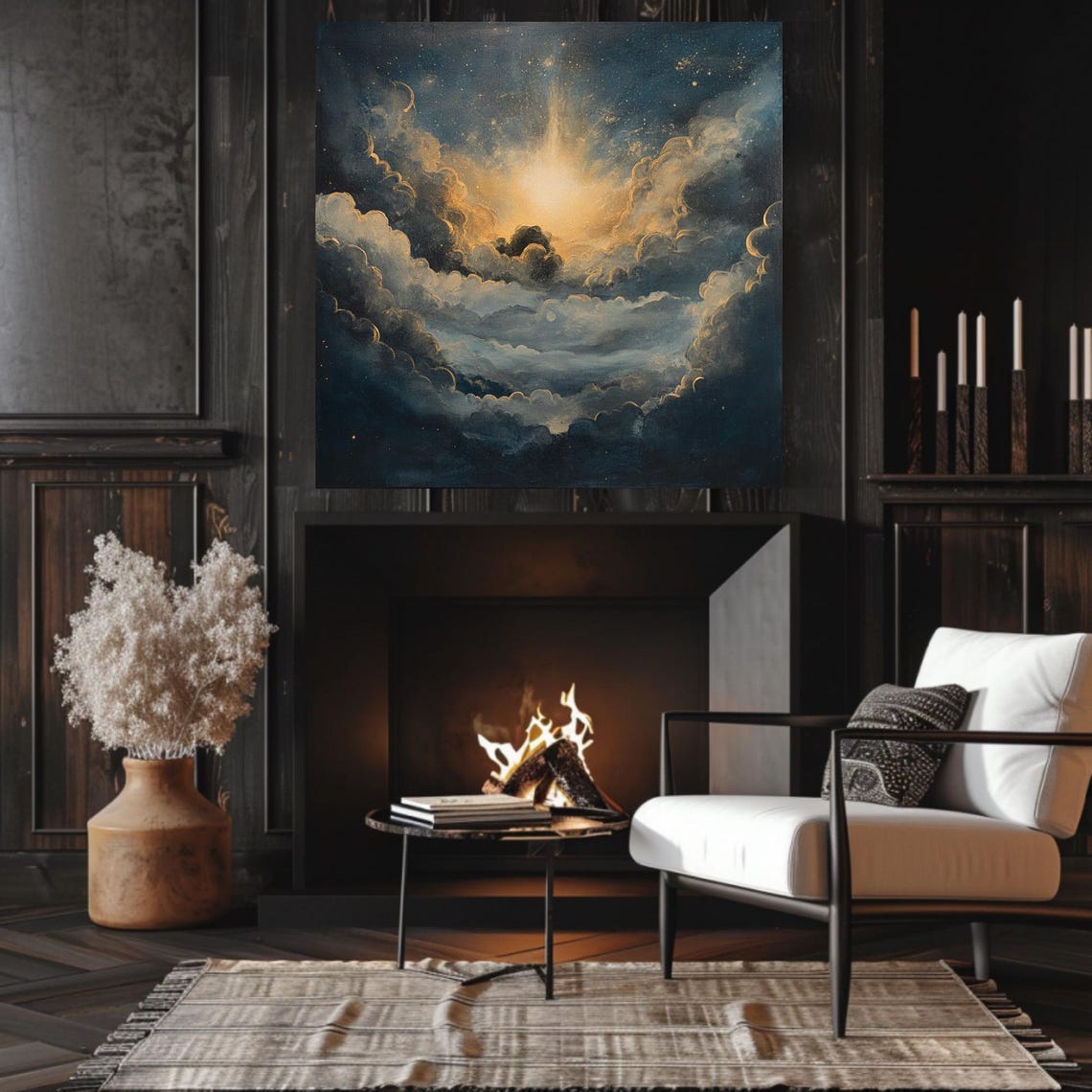 Heavenly Sunbeam Breaking Through Dark Starry Clouds Sky Art Poster - Image 3