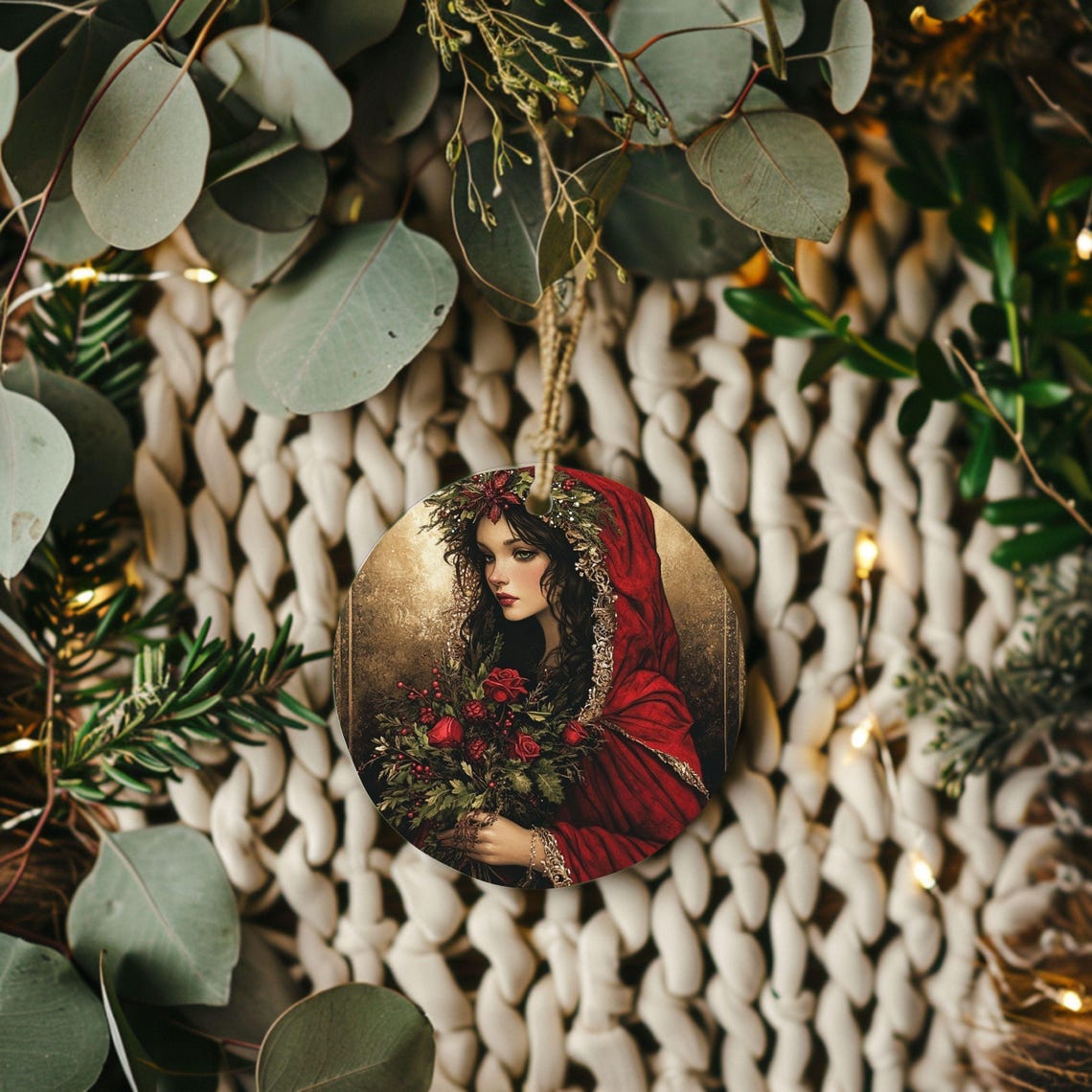 Goddess in Red Hood Round Ornament Double Sided Art Print Tree Decor - Image 2