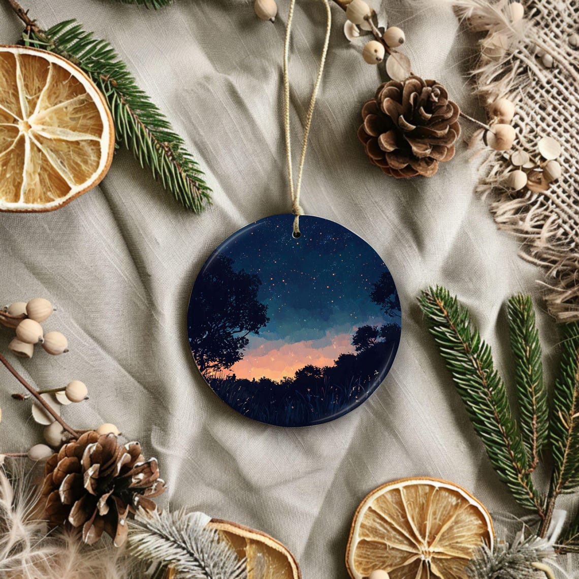 Starry Night Ornament Over Tree Silhouettes Sunset Round Poster - Image 4