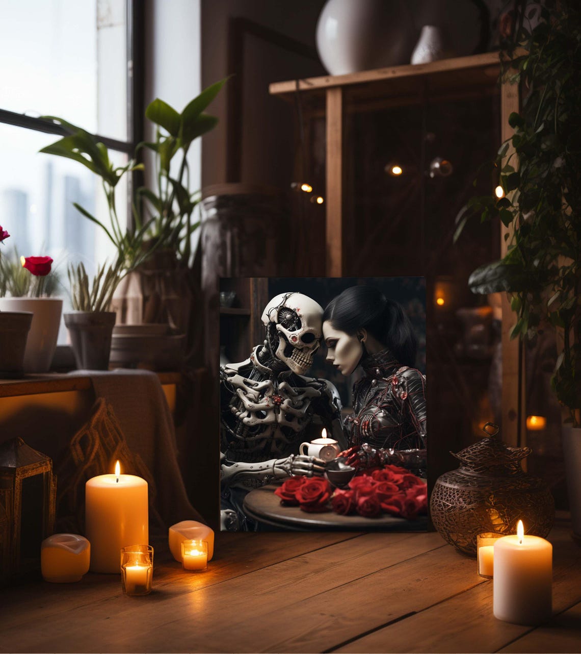 Gothic Robot Skeleton Sharing Tea with Pale Woman Dark Romance Poster - Image 3