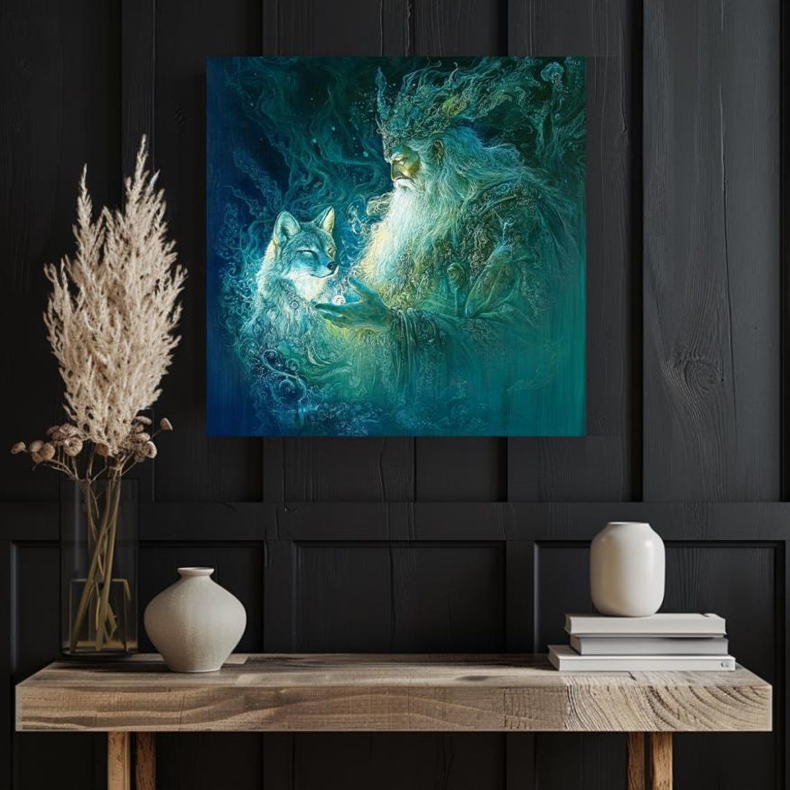 Mystical Wizard with Fox in Teal Magical Forest Fantasy Art Poster