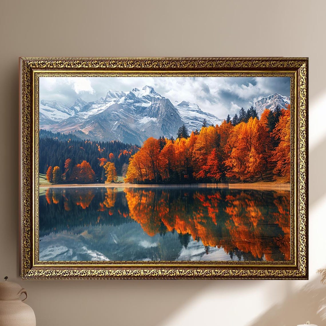 Fall Mountain Lake Orange Autumn Trees Perfect Reflection Wall Art