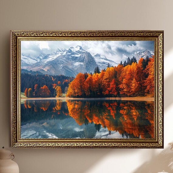 Fall Mountain Lake Orange Autumn Trees Perfect Reflection Wall Art