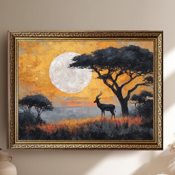 African Savannah Antelope At Full Moon Canvas Wall Art Sunset Wildlife Painting Exotic Nature Scene Print For Safari Home Decor