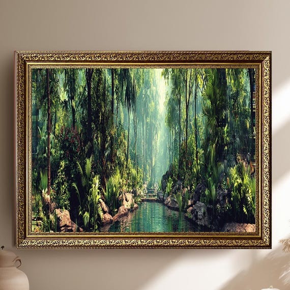 Tropical Jungle River Canvas Wall Art Peaceful Green Rainforest Landscape Print Nature Zen Decor For Living Room Or Meditation Space