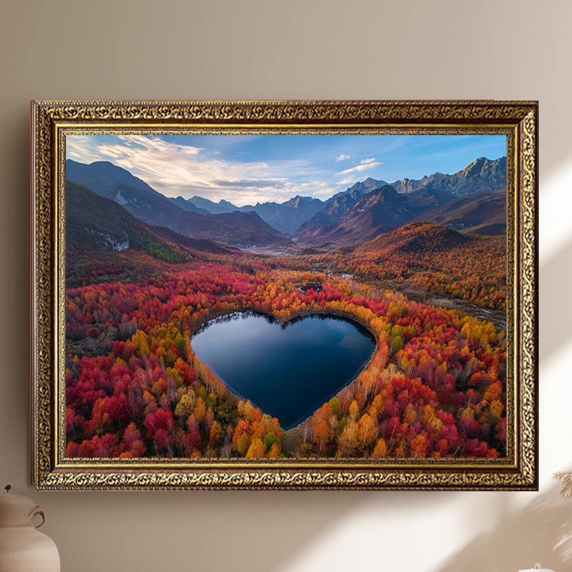 Heart Shaped Lake Blue Sky Autumn Peaks Aerial Nature Poster