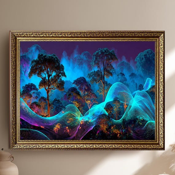 Neon Jungle Canvas Wall Art Forest Landscape Print With Colorful Light Waves Futuristic Abstract Nature Decor For Modern Spaces