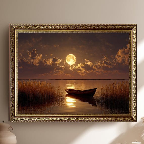 Golden Moonlight Lake Wall Art Serene Night Landscape With Wooden Rowboat Reeds And Full Moon Reflection Over Calm Water
