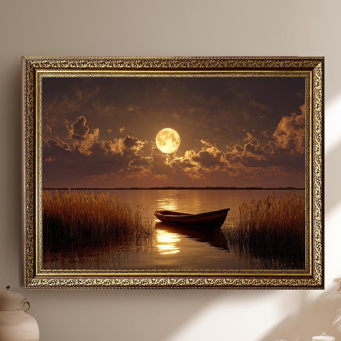 Moonlit Lake Night Rowboat Golden Full Moon Reflection Poster