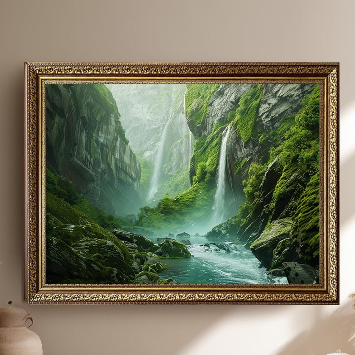 Mossy Canyon Twin Waterfalls Lush Green Forest Landscape Poster
