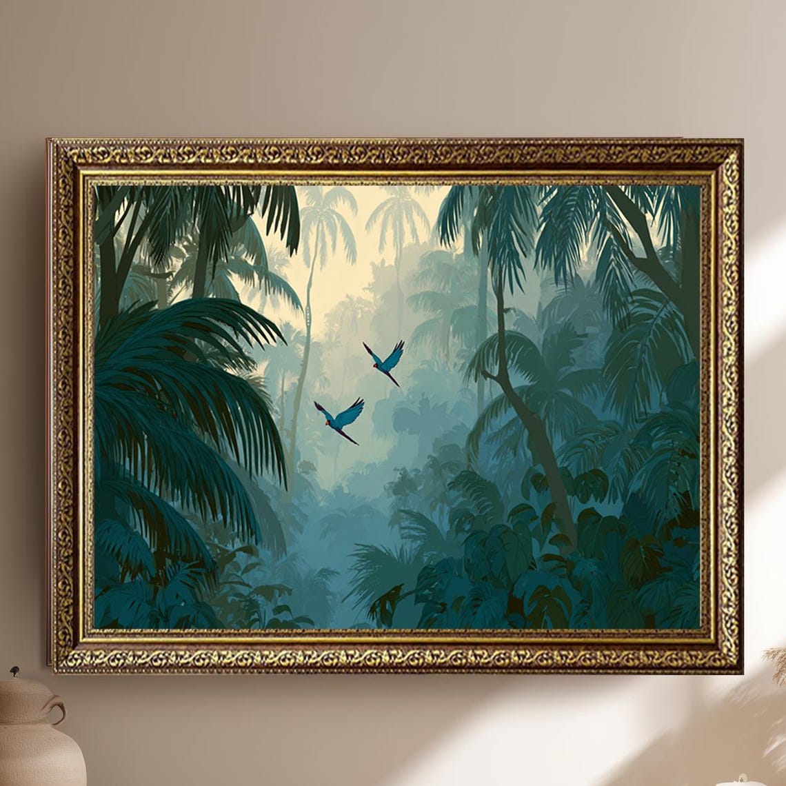 Flying Macaws in Misty Tropical Jungle Exotic Bird Nature Poster