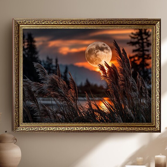 Full Moon Rising Over a Sunset Lake With Silhouetted Reeds Poster