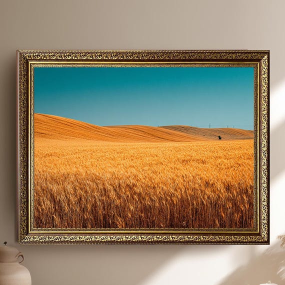 Golden Wheat Field Canvas Wall Art With Blue Sky Rustic Countryside Farm Landscape Painting Print For Country Home Decor