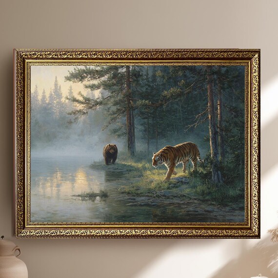 Tiger And Bear By Misty Forest Lake Canvas Wall Art Wildlife Nature Painting Majestic Animal Scene Print For Rustic Home Decor