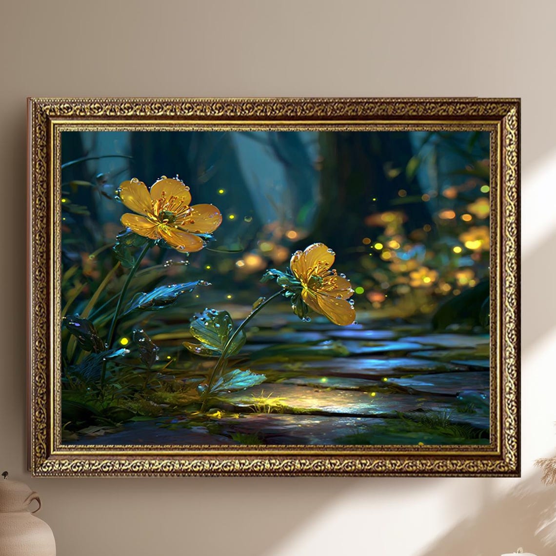 Glowing Golden Flowers In A Magical Night Forest Firefly Wall Art