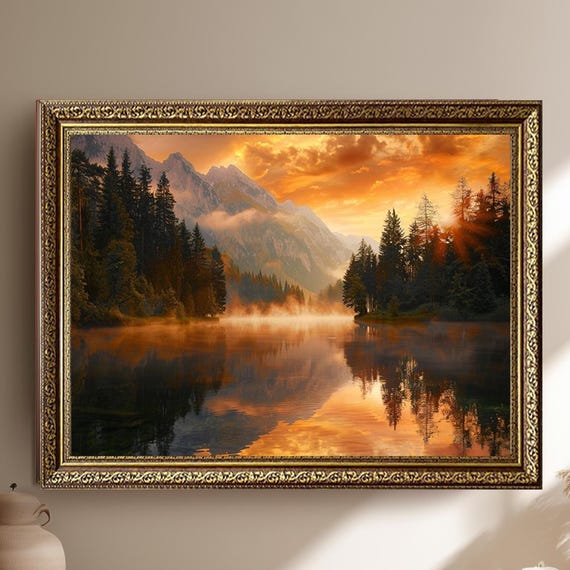 Sunset Lake And Forest Canvas Wall Art Golden Hour Mountain Landscape Print For Cozy Home Or Cabin Decor Warm Nature Poster