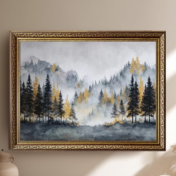 Misty Forest Mountains Canvas Print Grey And Yellow Landscape Wall Art Modern Nature Inspired Home Decor