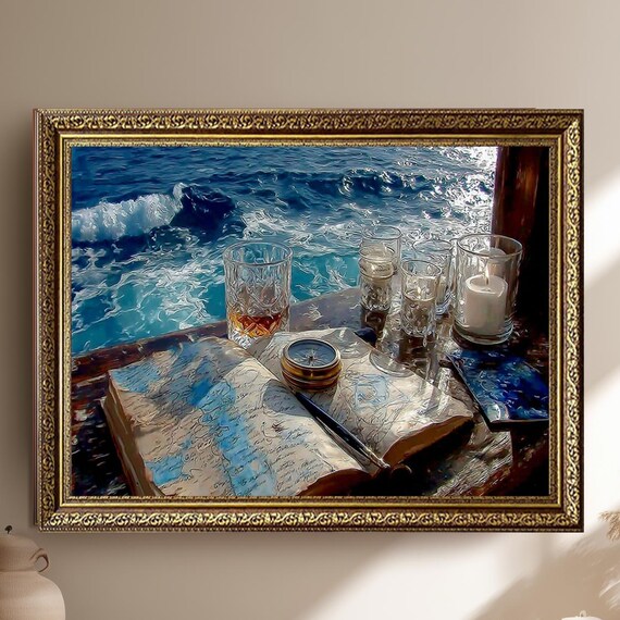 Nautical Compass Old Map Whiskey Ship Window Painting Coastal Wall Art