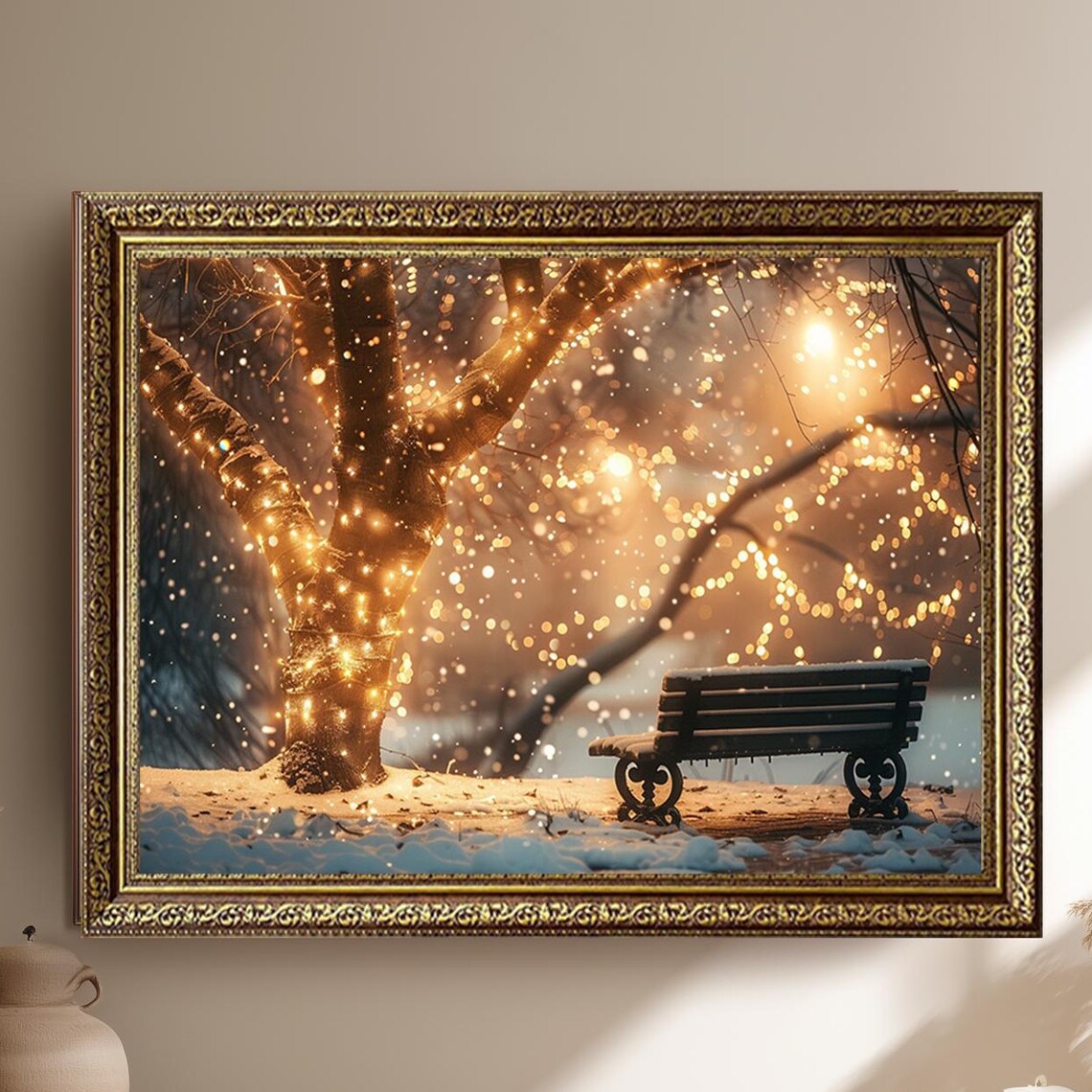 Winter Bench and Tree Lights Christmas Night Art Print