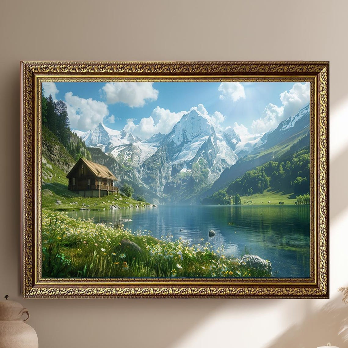 Mountain Cabin By Alpine Lake Wildflowers And Snowy Peaks Wall Art