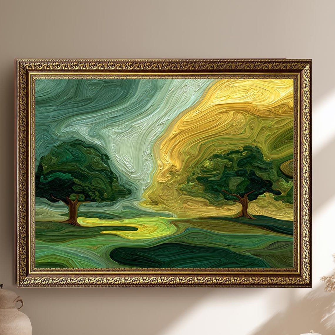 Swirling Green and Gold Trees Impasto Style Modern Landscape Poster