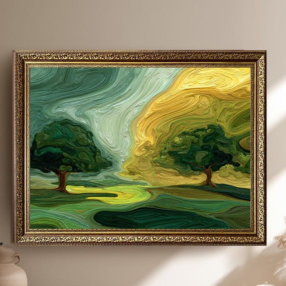 Abstract Tree Canvas Wall Art Print Green And Yellow Swirl Landscape Modern Nature Inspired Home Decor