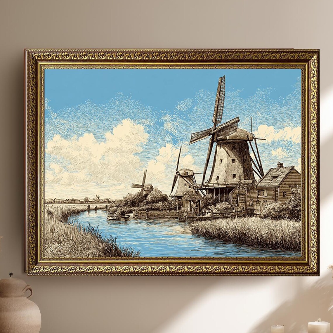 Dutch Windmill Canal Countryside Vintage Illustration Art Poster