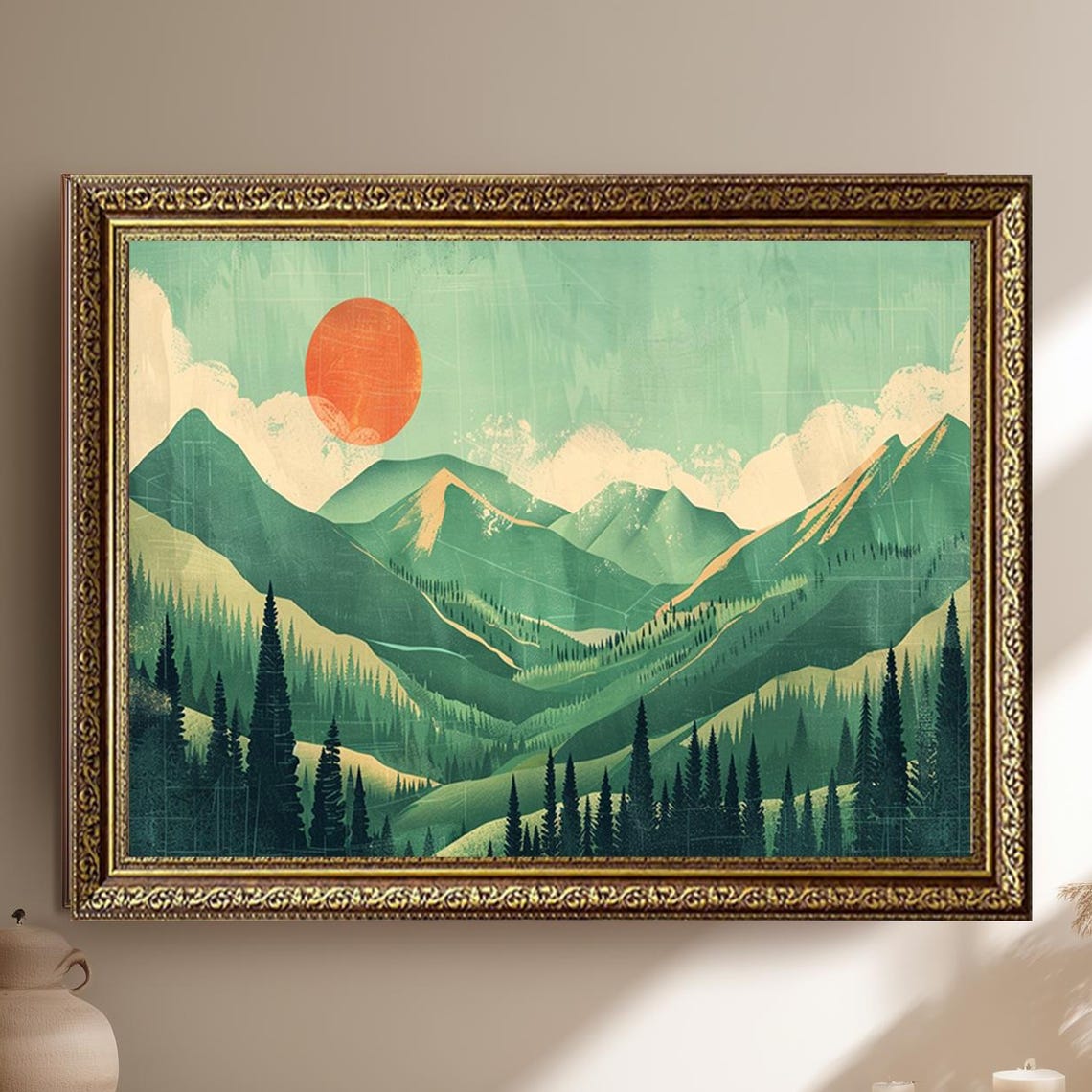 Vintage Mountain Landscape Red Sun Pine Forest Scenic Poster