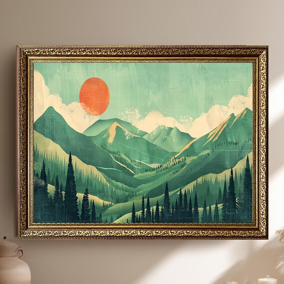 Retro Mountain Landscape Canvas Wall Art Vintage Style Green Forest Scene With Bold Red Sun Nature Inspired Graphic Decor Print