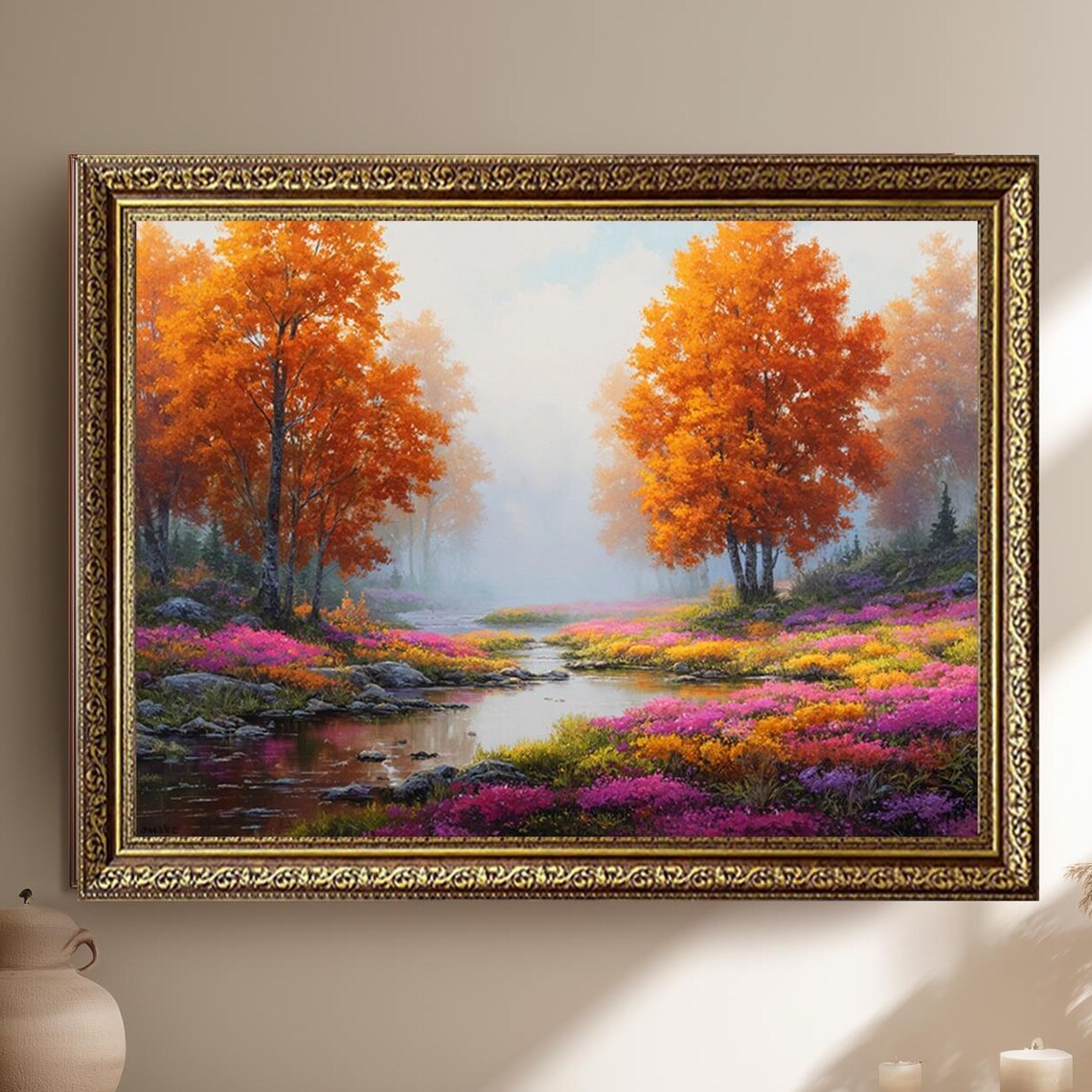 Autumn Forest Stream Landscape Painting Orange Trees Wildflowers Poster