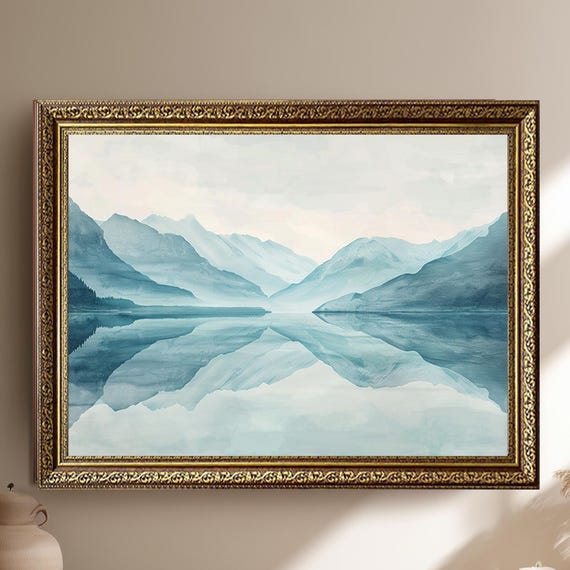Minimalist Mountain Lake Canvas Wall Art Blue Toned Landscape Reflection Scene Calm Nature Inspired Scandinavian Decor Print